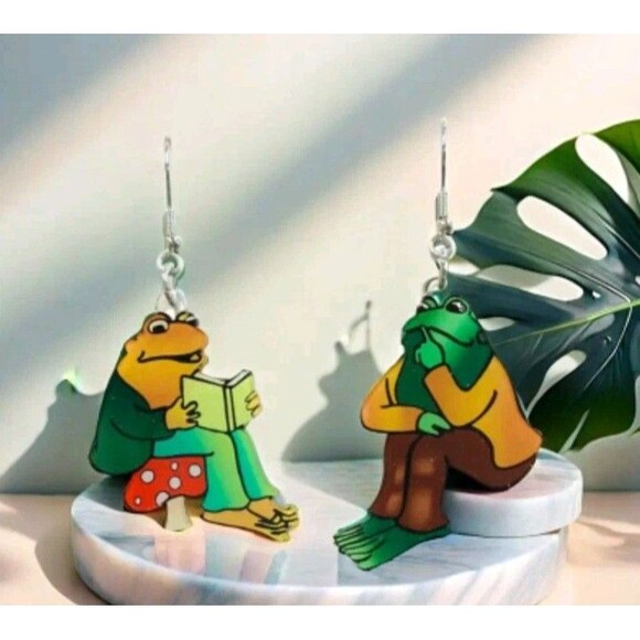 Frog And Toad Earrings Acrylic Dangle ~2" Drop Stainless Steel Posts W Mushroom - Picture 1 of 4
